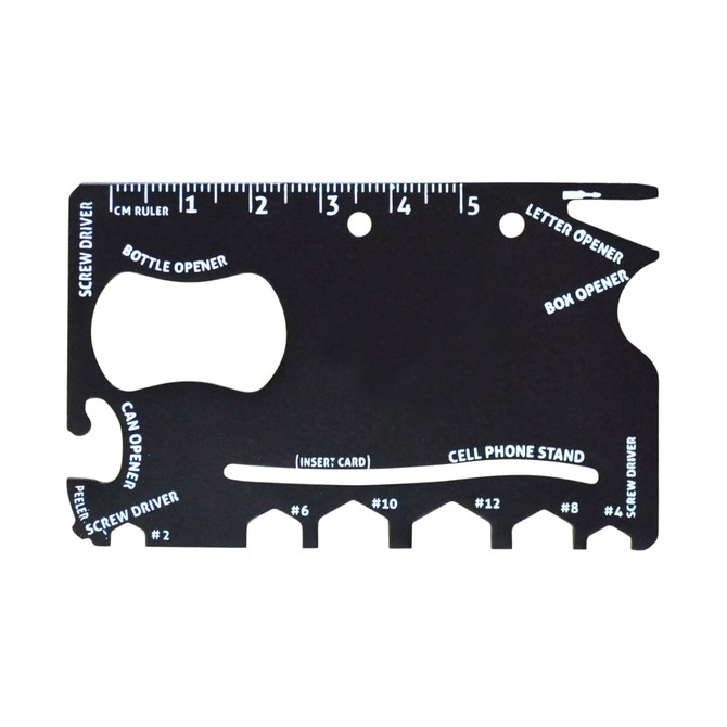 A black card-sized multi-tool featuring various functions including a bottle opener, can opener, and screwdrivers.