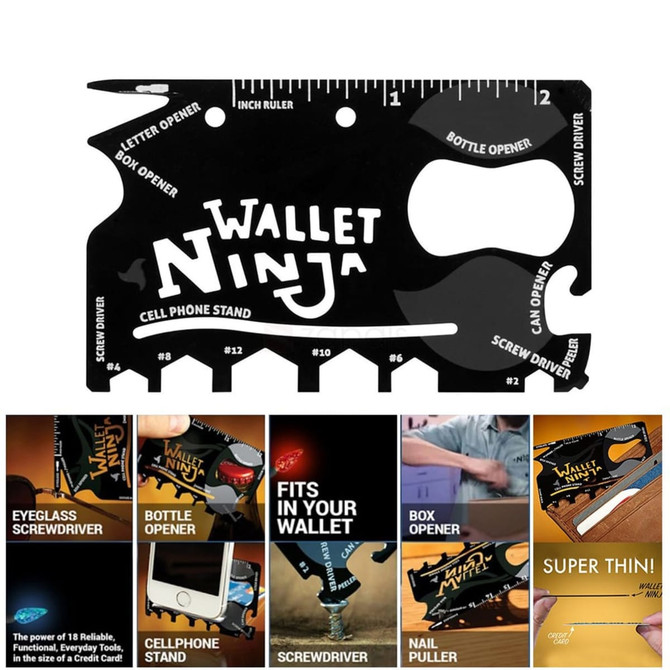 A black card-sized multi-tool featuring various functions like a bottle opener and screwdriver, with a logo on it.