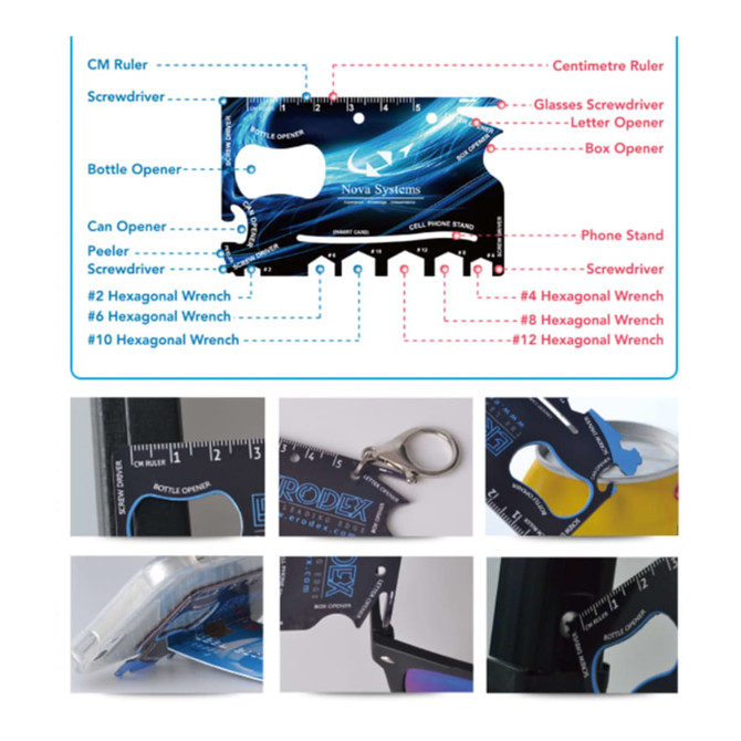 A multi-tool card in blue and black featuring various tools like a ruler, bottle opener, and screwdriver. It includes a logo.