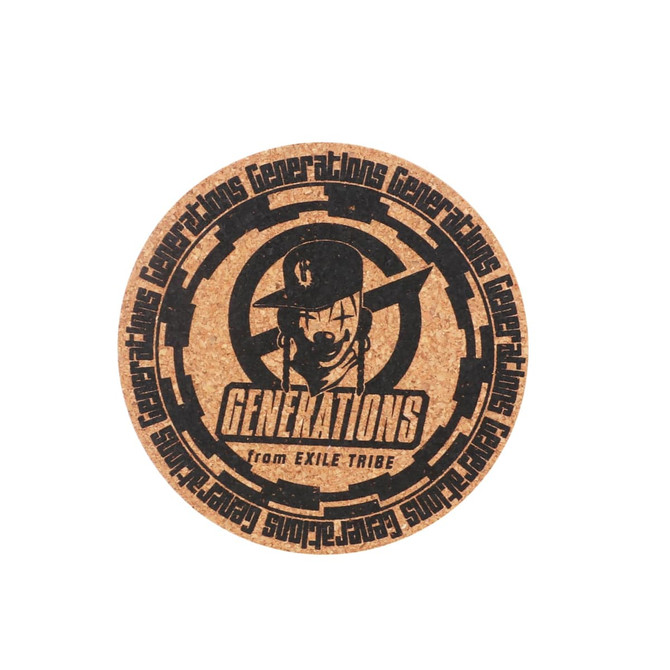 A cork coaster featuring a circular design with a logo in black against a natural cork background.