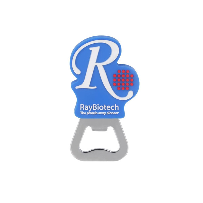 A drink bottle opener in a custom blue PVC shape with a silver metal base and a logo on the surface.
