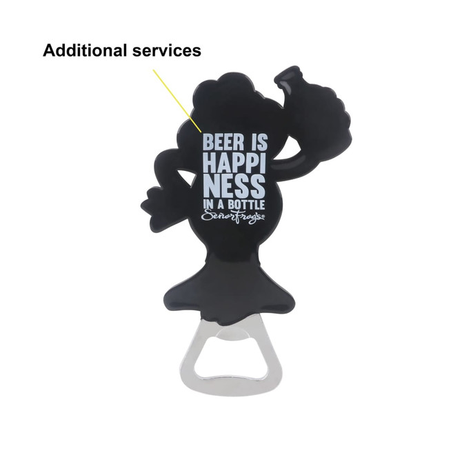 A drink bottle opener in the shape of a black character holding a beer bottle, with a metallic opener base and a logo.