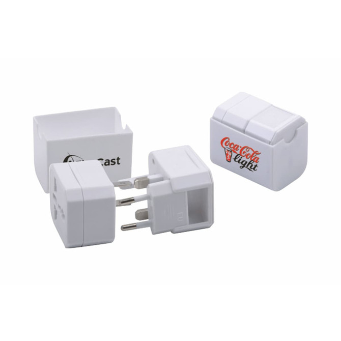 A white universal plug travel adapter set with multiple attachments and a branded case.