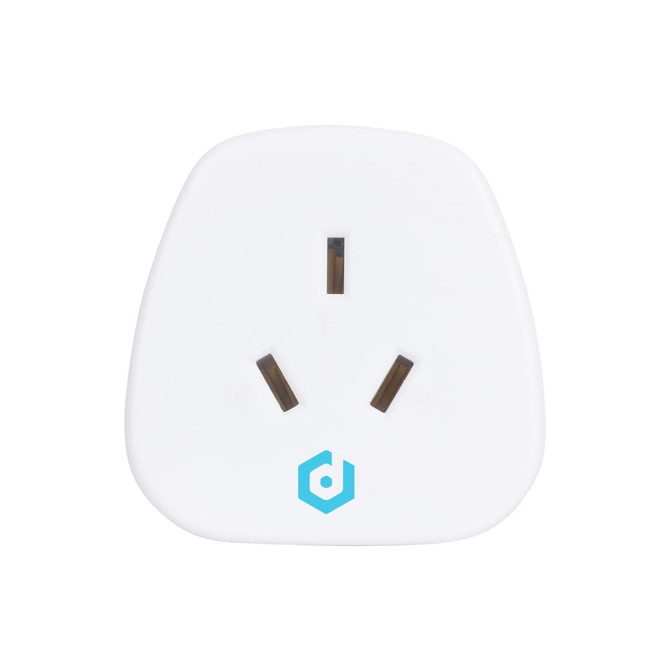 A white travel adapter designed for use from AU to UK, featuring three prongs and a branding logo.