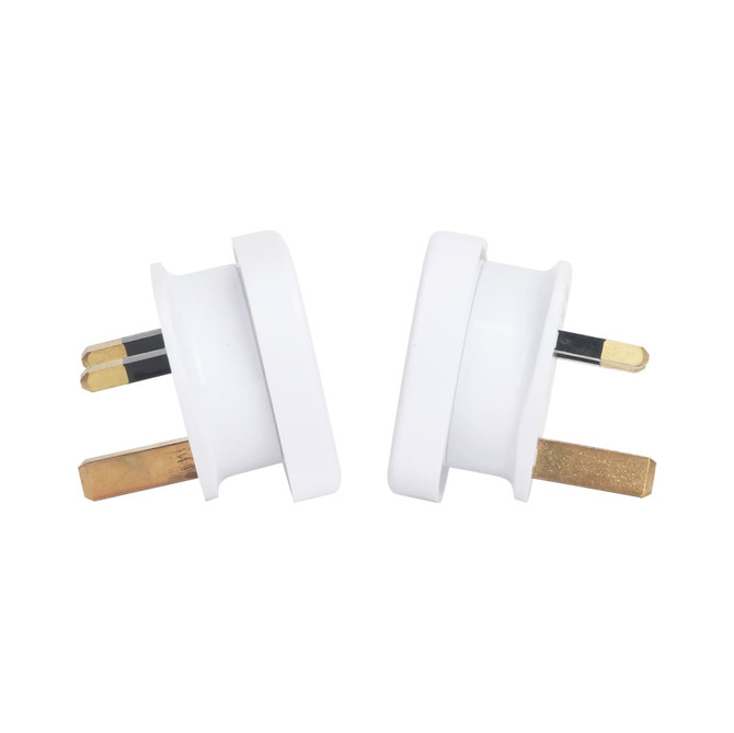 A pair of white travel adapters featuring Australian plugs for use in UK sockets.