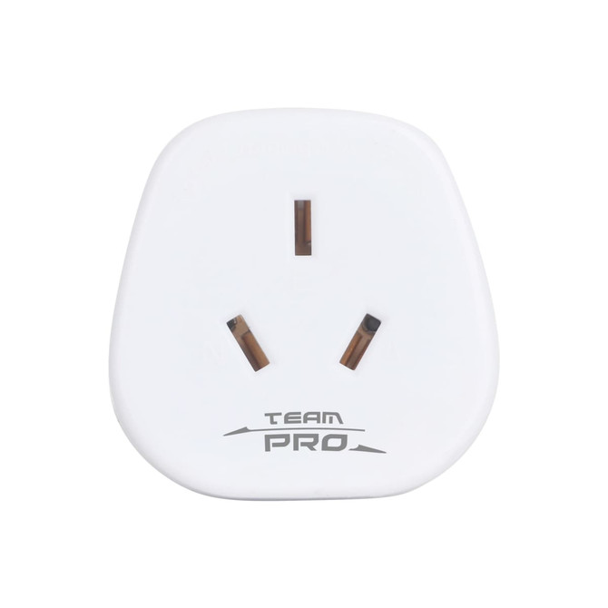 A white universal travel adapter featuring three prongs and a brand logo at the bottom.