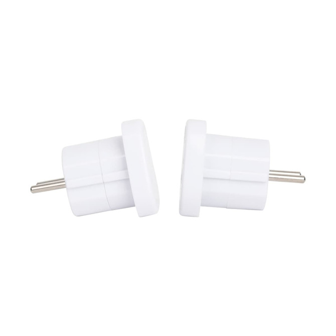 Two white travel adapters designed for converting AU plugs to EU sockets, featuring prongs for electrical connections.