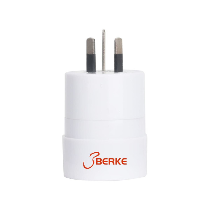 A white multifunctional travel adapter with two prongs and a branding logo.