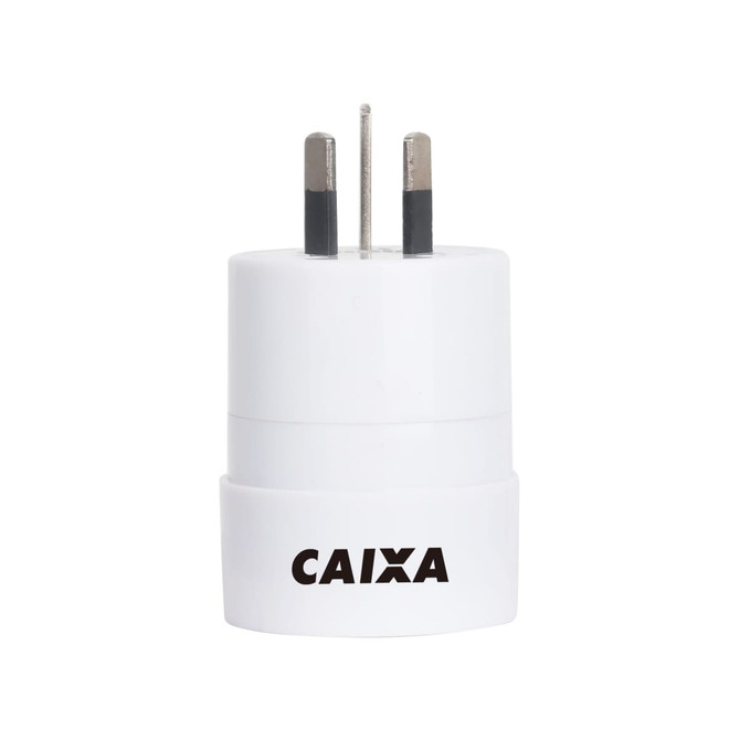 A white multifunctional travel adapter with two prongs and a logo on the front.