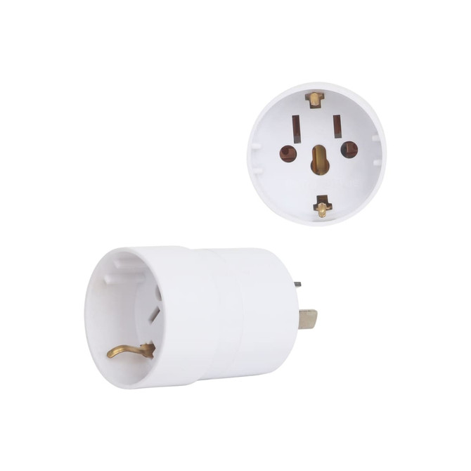 A white multifunctional AU travel adapter with three socket openings and one plug. It features a logo on the side.
