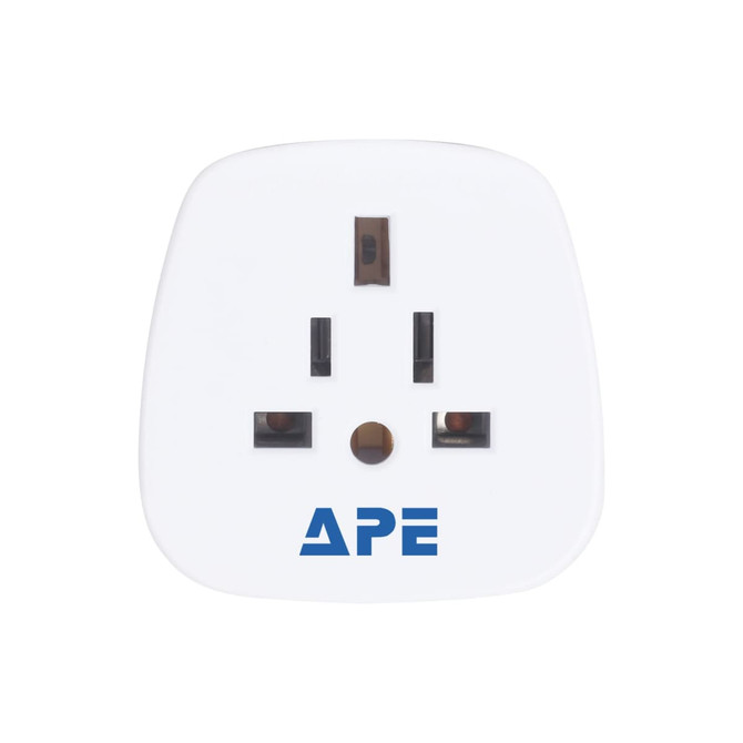 A white travel adapter featuring multiple plug configurations and a logo on the front.