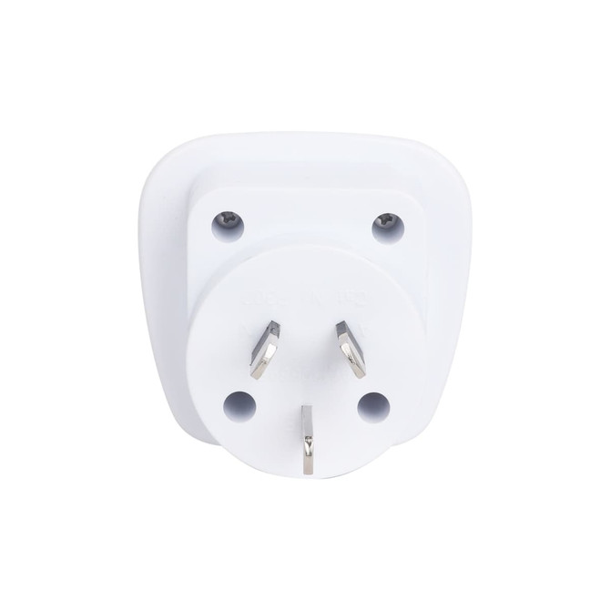 A white travel adapter featuring three pins for international use, designed for compatibility with Australian sockets.