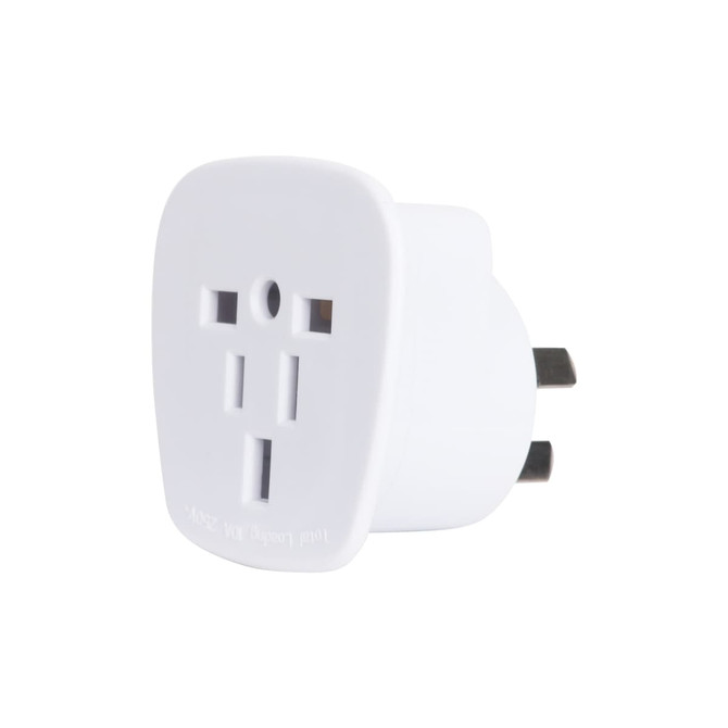A white travel adapter with multiple plug configurations, designed for international use.