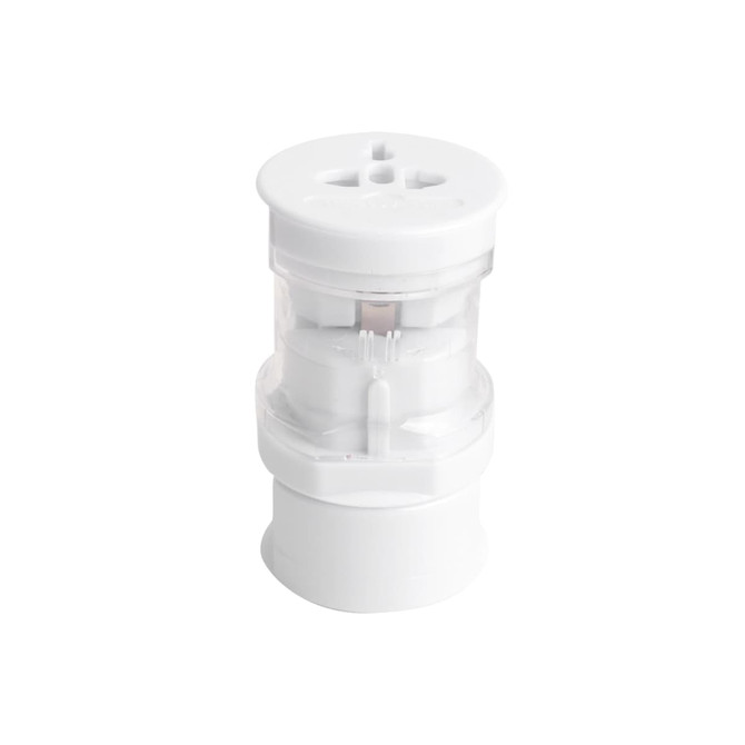 A white universal plug travel adapter with multiple input options and a clear top section. It features a logo.