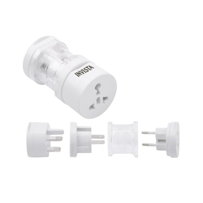 A white universal plug travel adapter with multiple interchangeable pins on a white background, featuring a logo.