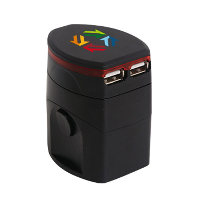 A black travel adapter with light-up features and two USB ports, featuring a multi-directional arrow design.