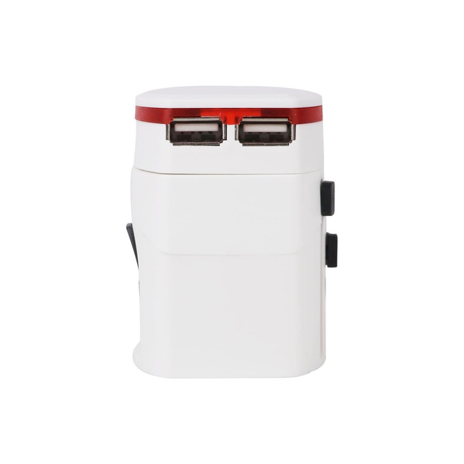 A white travel adapter with two USB ports and a red accent. It features a compact design with a built-in plug.