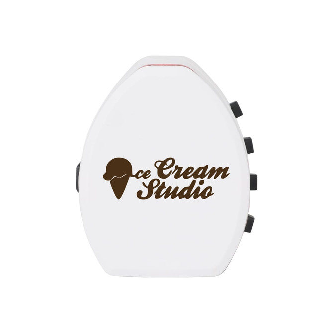 A white travel adapter with multiple ports and a logo on the front, designed for universal usage and features a light-up function.