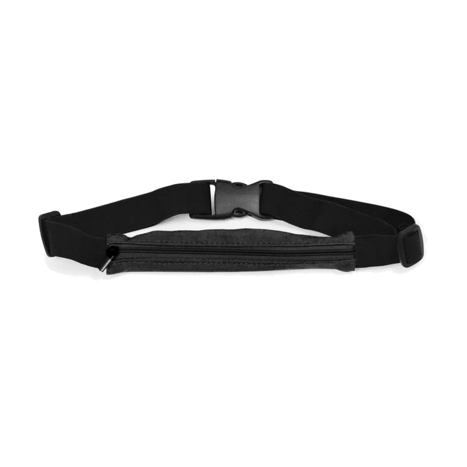 A black running belt featuring an adjustable strap and a zippered pocket, designed for convenience and comfort.
