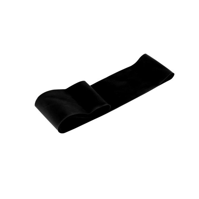 A black latex fitness resistance band with a continuous loop design, suitable for various workouts.