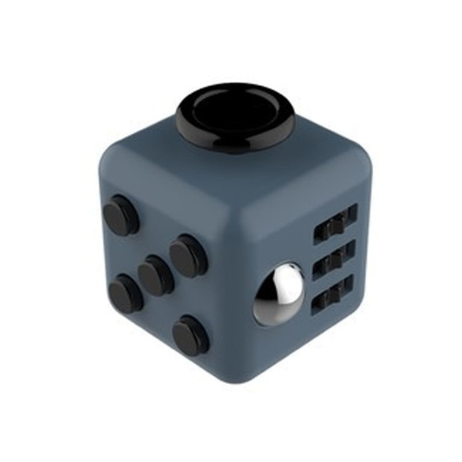 A blue fidget cube featuring various buttons, switches, and a shiny silver ball, with a black top.