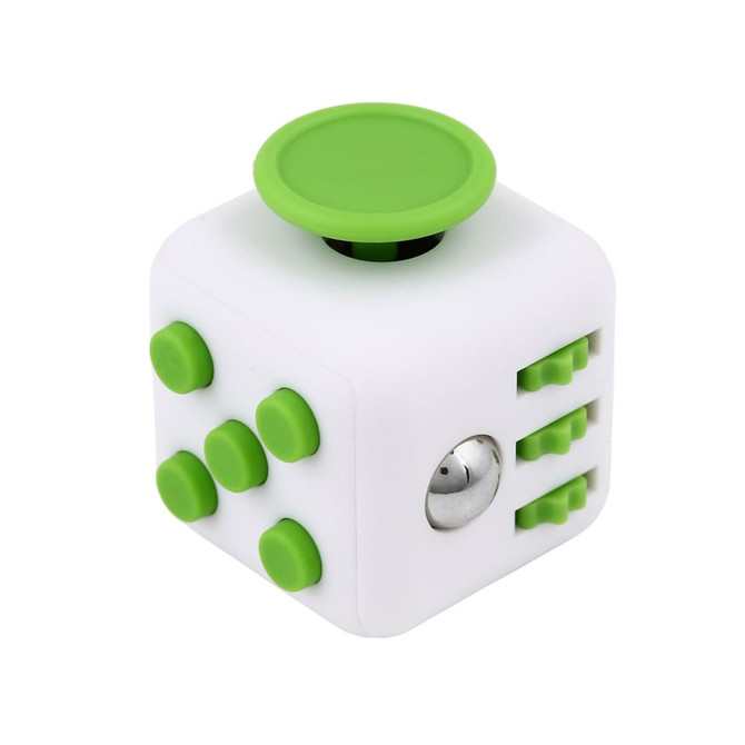 A white fidget cube with green buttons and a joystick, featuring various tactile surfaces and a logo.