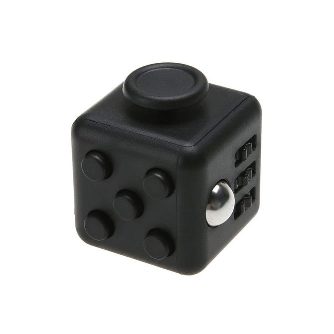 A black Fidget Cube featuring various tactile buttons and switches on its surfaces.