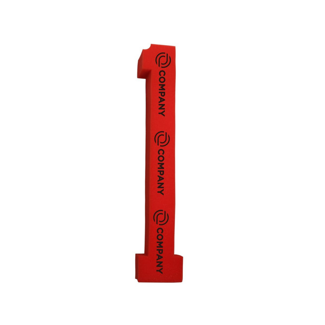 A red foam cheer stick shaped like the number one, featuring a simple logo.