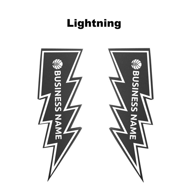 Two black lightning bolt-shaped cheer sticks featuring a logo and text.