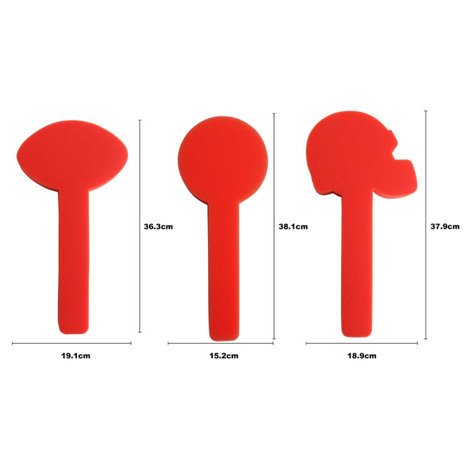 Three red sponge ball cheersticks in various shapes: an oval, a circle, and a helmet, measuring different lengths.