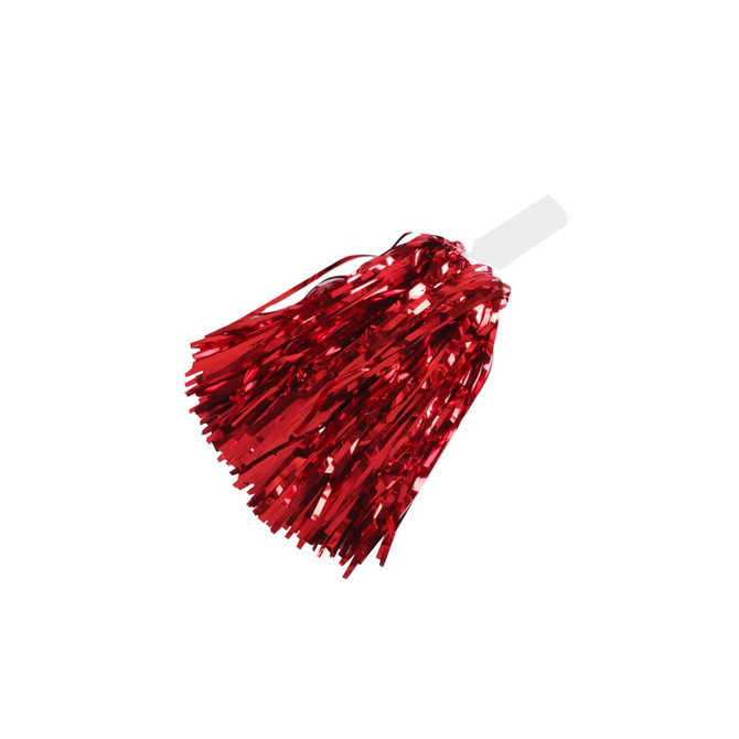 A red cheerleading pom pom with a white handle, featuring shiny, metallic strands.