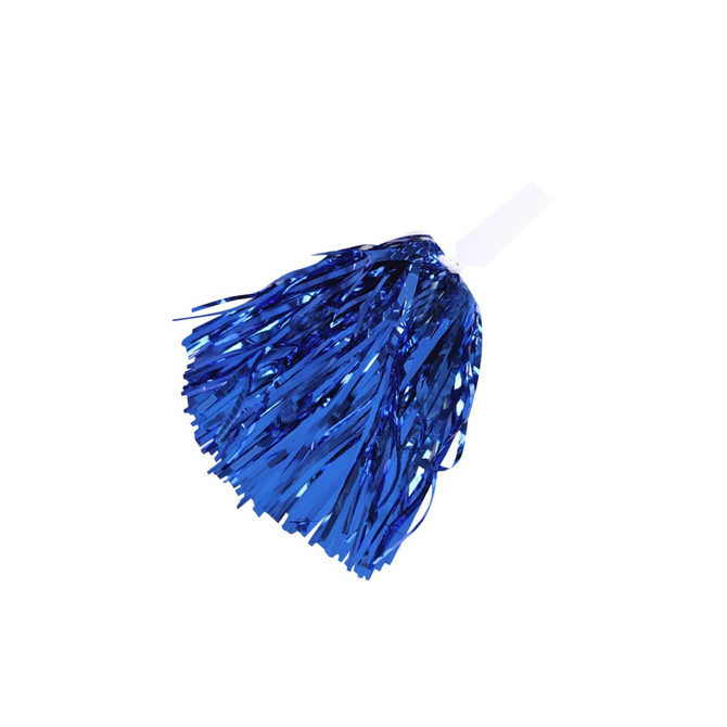 A blue cheerleading pom pom with shiny streamers and a white handle.