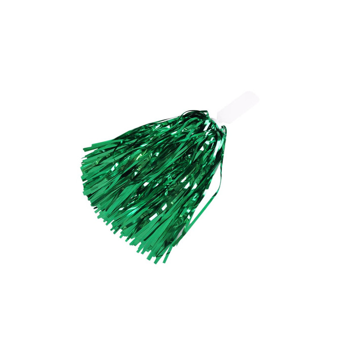 A green cheerleading pom pom with shiny, metallic strands and a plastic handle.