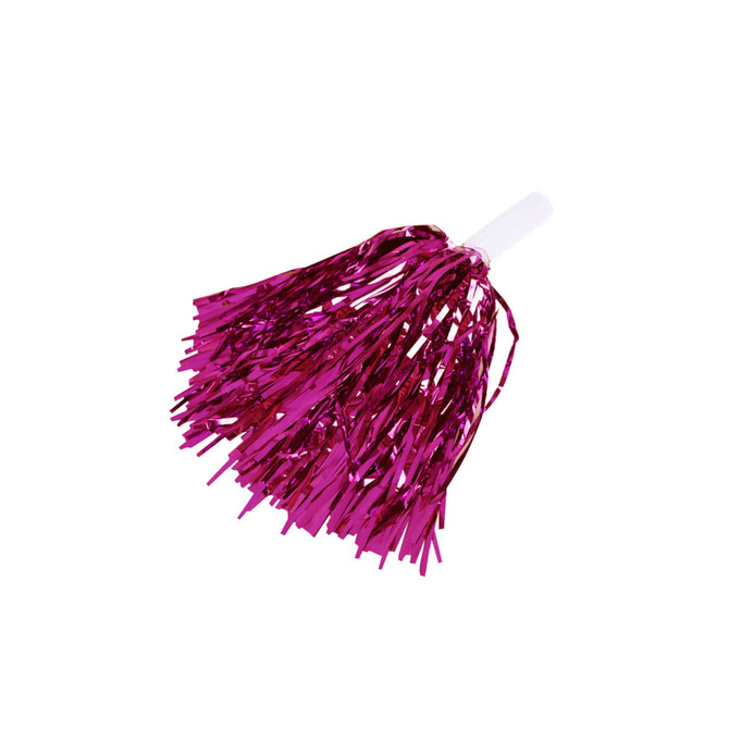 A vibrant pink cheerleading pom pom with a white handle, featuring shiny, metallic strands.
