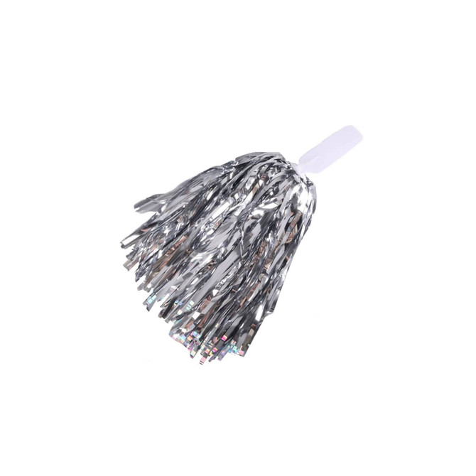 A silver cheerleading pom pom with metallic strands, featuring a white plastic handle.