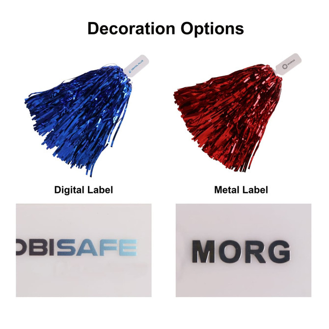 A pair of cheerleading pom poms in blue and red, featuring a digital and a metal label.