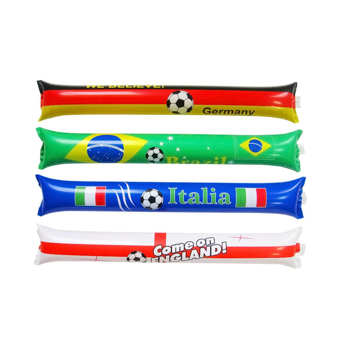 Four inflatable bang bang sticks in red, yellow, blue, and green featuring football designs and various country names.