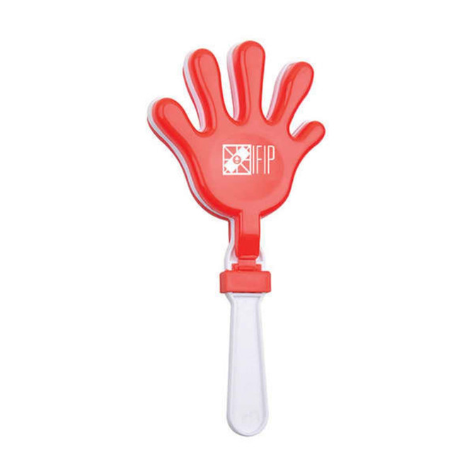 A red hand-shaped clapper with a transparent handle; features a logo on the front. A red hand-shaped clapper with a transparent handle; features a logo on the front.