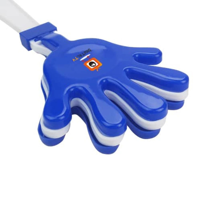 A blue and white hand-shaped clapper with a logo on the palm side. A blue and white hand-shaped clapper with a logo on the palm side.