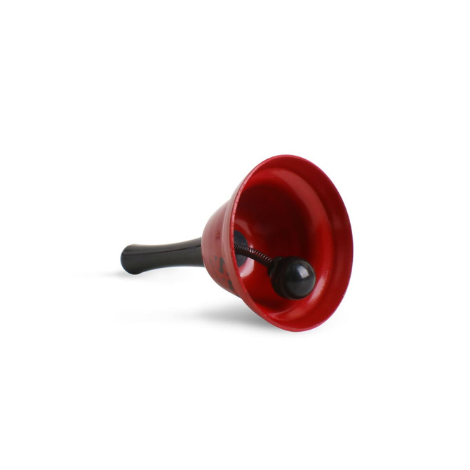 A red 75mm hand bell with a black handle, featuring a round clapper inside. It has a simple design and smooth finish.
