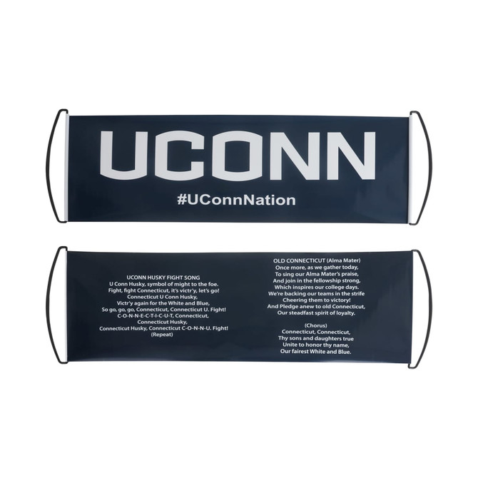 A hand-held roll-out fan flag in navy blue, featuring a logo and text on both sides.
