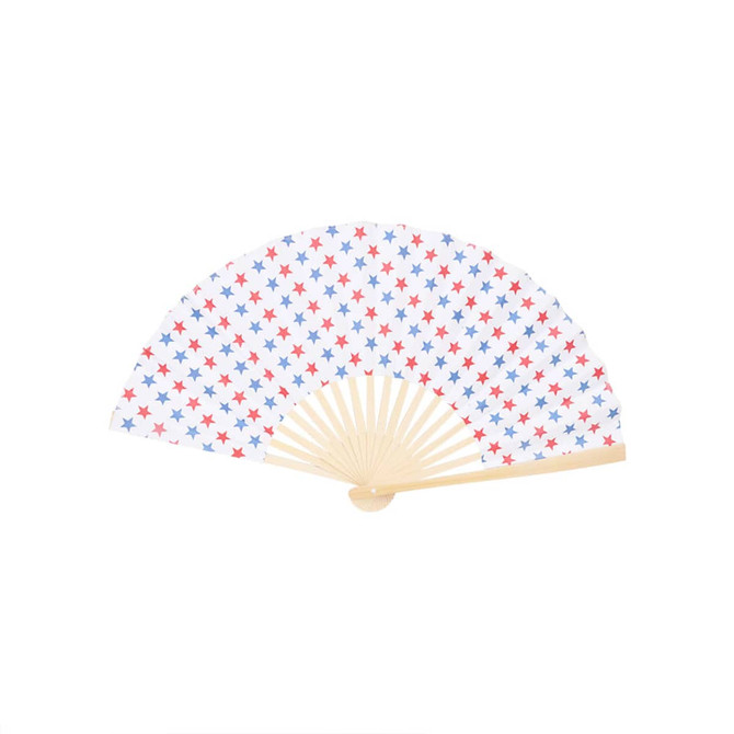A foldable fan with a pattern of red and blue stars on a white background, featuring a natural wooden handle. A foldable fan with a pattern of red and blue stars on a white background, featuring a natural wooden handle.