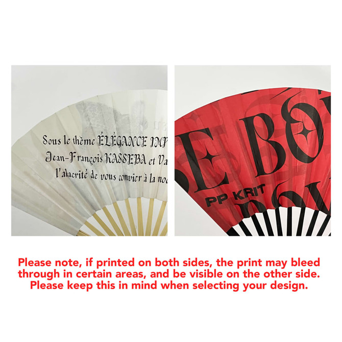 A foldable fan featuring a white side with elegant text and a red side with bold graphics, both with a logo. A foldable fan featuring a white side with elegant text and a red side with bold graphics, both with a logo.