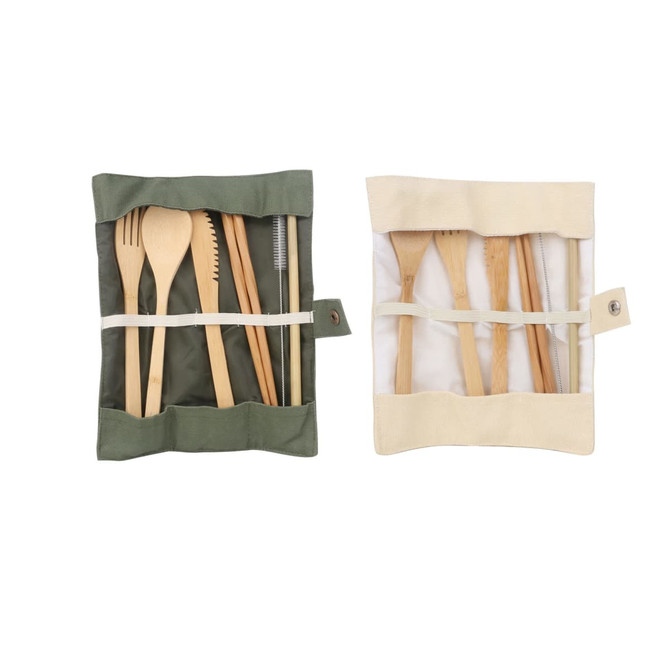 A bamboo cutlery set featuring six pieces in a green and cream carrying pouch, with a utensil brush included.