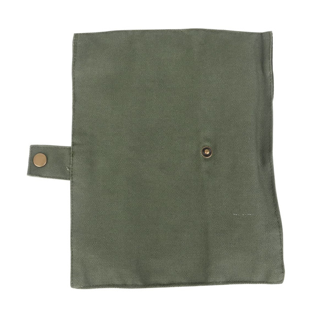 A green fabric pouch with a snap button closure, featuring a textured surface and a simple design.