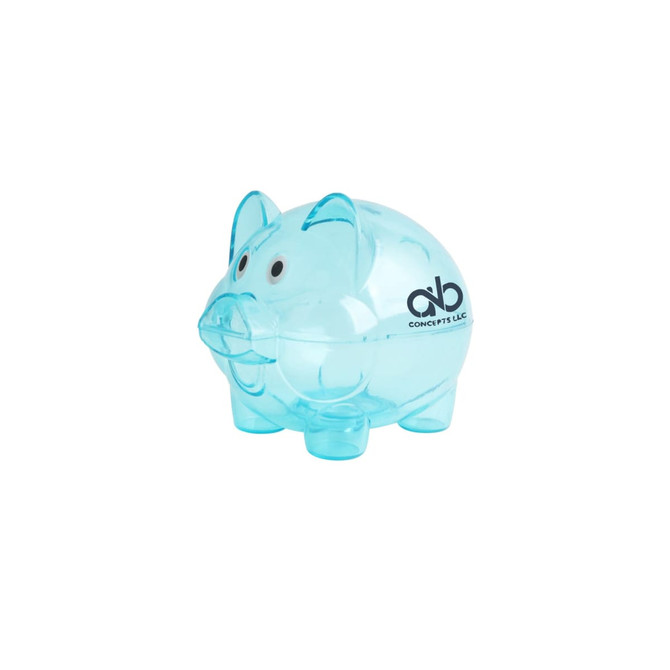 A blue transparent piggy bank with a smiley face and a branding logo on the side.