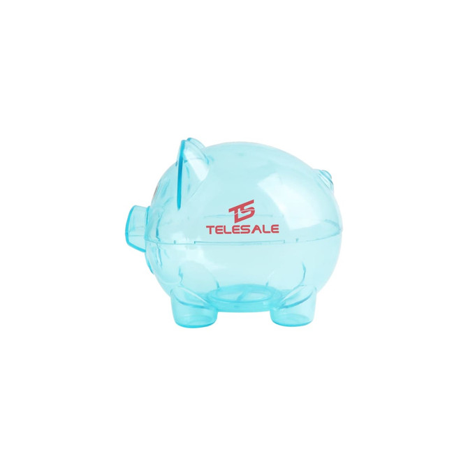 A light blue piggy coin bank with a circular body, round feet, and a small tail. It features a logo.