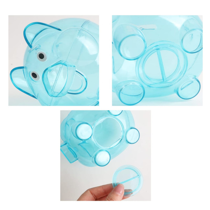 A light blue piggy coin bank with a transparent body, featuring removable coin slots and a cute face.