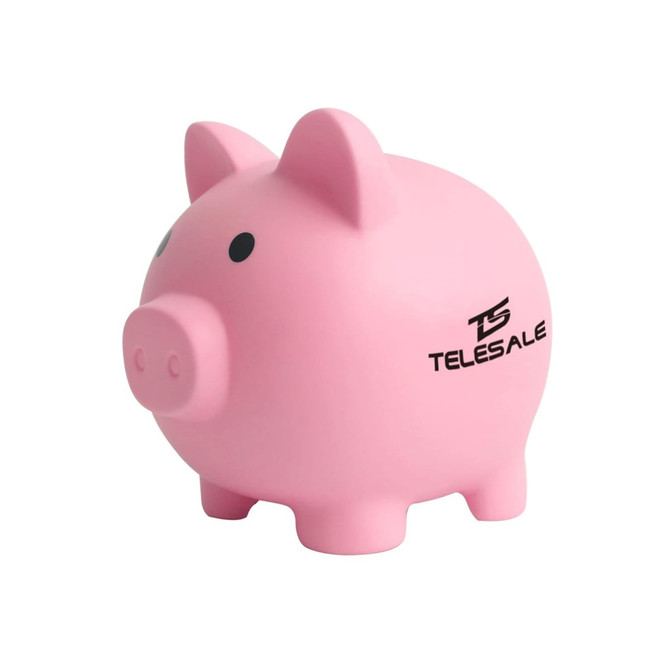 A pink PVC piggy coin bank with black dots for eyes and a branding logo on its side.