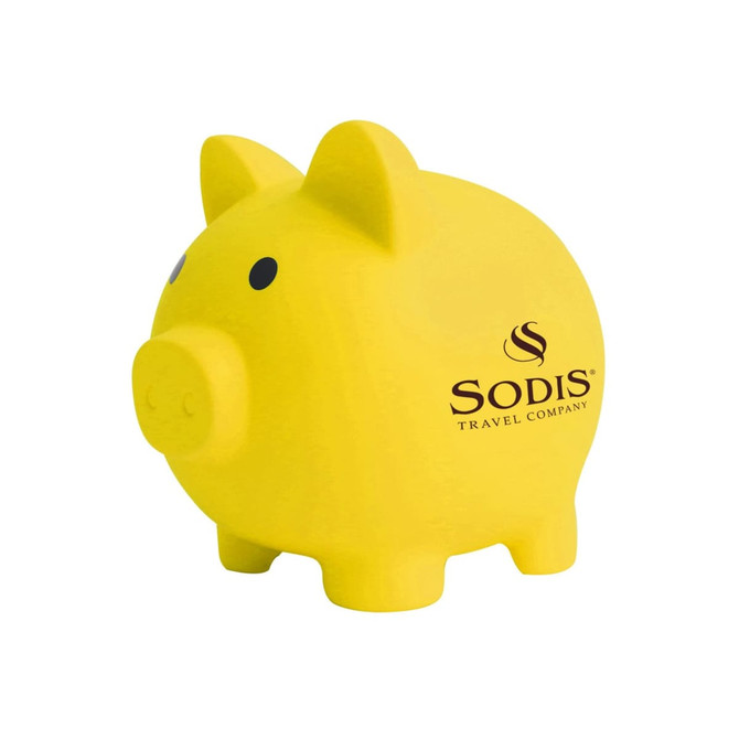 A yellow PVC piggy coin bank with a rounded body and two ears, featuring a logo.